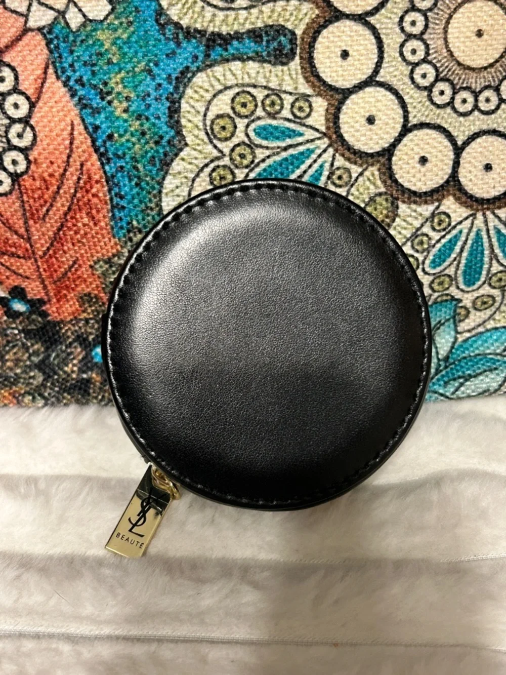 Yves Saint Laurent Black Round Leather Travel Case with Gold Tag